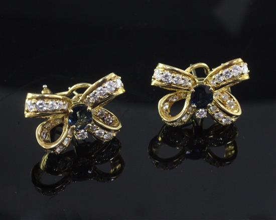A pair of 18ct yellow gold, sapphire and diamond ribbon bow earrings, width 22mm.